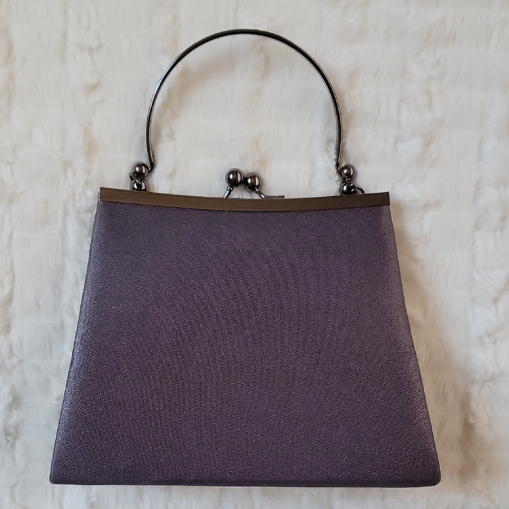 Evening Purse, gray, with Silver Frame and Textured Fabric